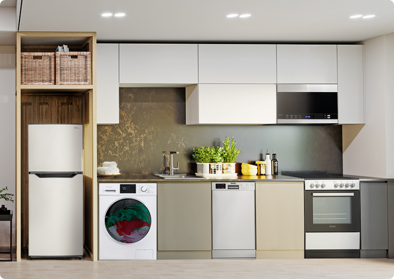 Danby home appliances why Danby including compact refrigerator, washing machine, dishwasher, microwave, and electric range in a modern kitchen