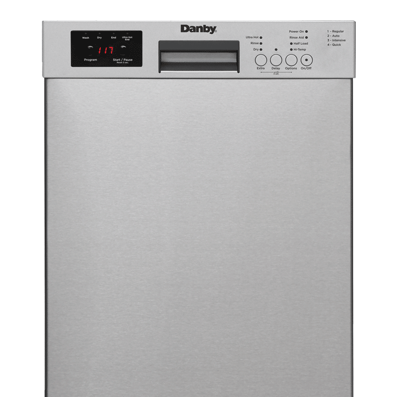 Lave-vaisselle encastrable en acier inoxydable de marque Danby avec panneau de commande supérieur et affichage numérique, vu de face sur fond uni