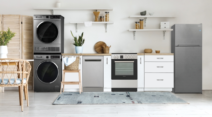 Modern kitchen appliances on display