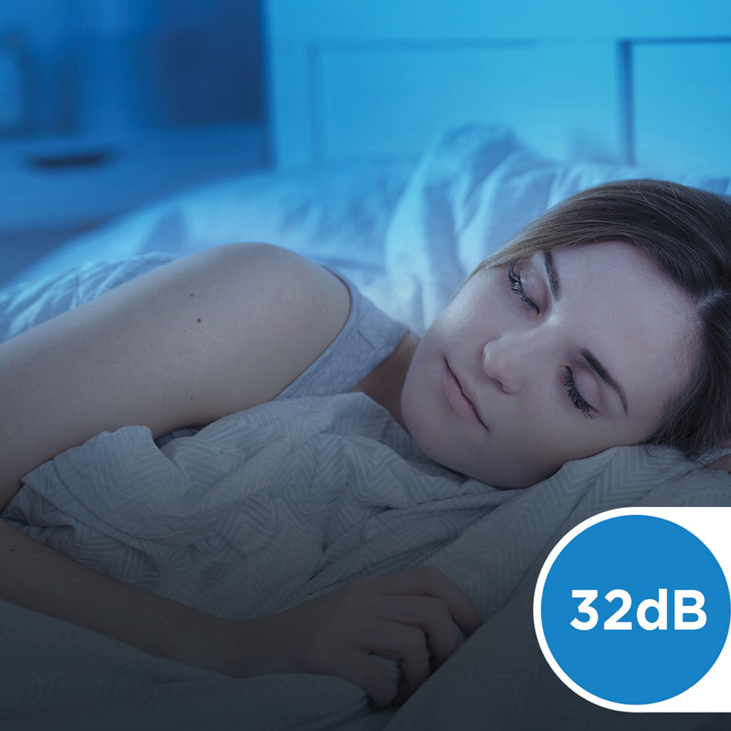 Danby appliances air purifier 210 sq ft in a quiet bedroom setting with a person sleeping and 32 dB low noise level indicator