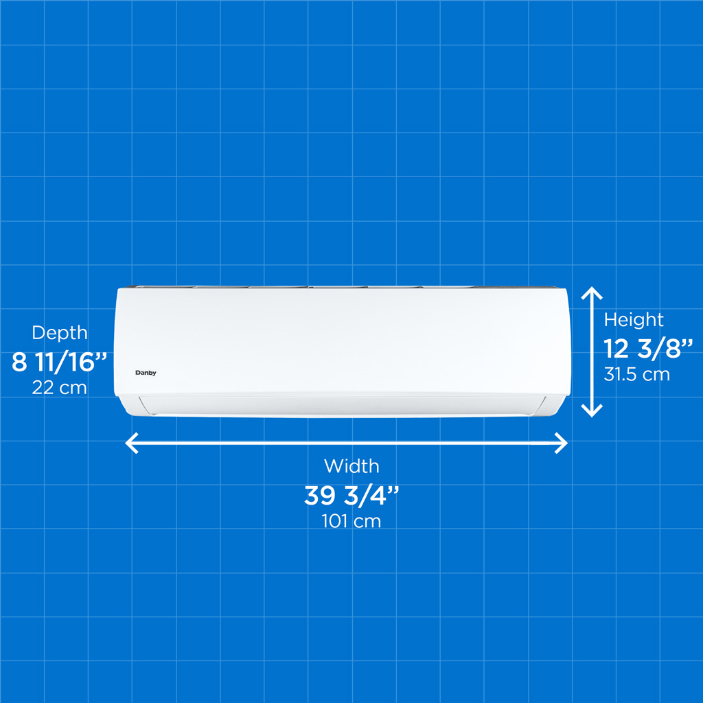 Danby DAS180EAQHWDB 18000 BTU mini-split air conditioner indoor unit with dimensions displayed