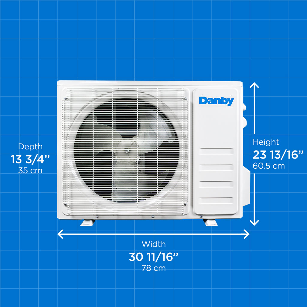 Danby DAS180EAQHWDB 18000 BTU mini-split air conditioner outdoor unit with dimensions displayed
