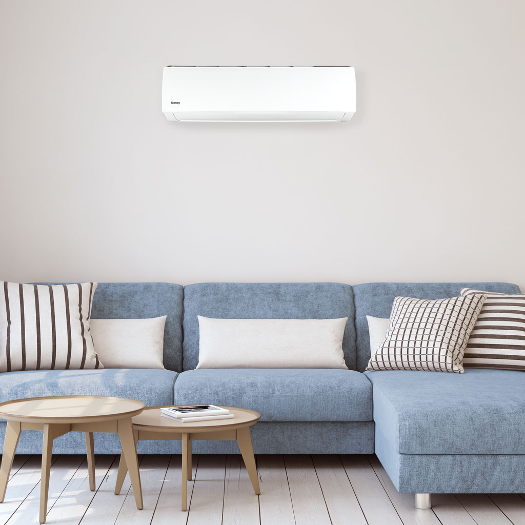 Danby DAS180EAQHWDB 18000 BTU mini-split air conditioner installed in living space above seating area