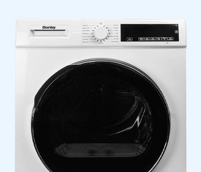 Danby appliances washers and dryers front load dryer with large circular door, control knob, and digital display shown in a clean front view on a plain background