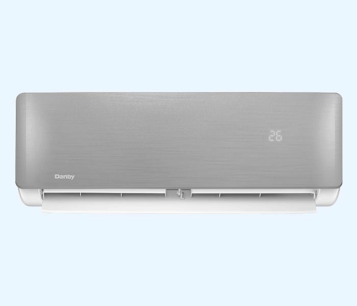 Danby appliances heating and cooling ductless mini split heat pump system with wall-mounted indoor unit and digital temperature display shown in a clean front view on a plain background