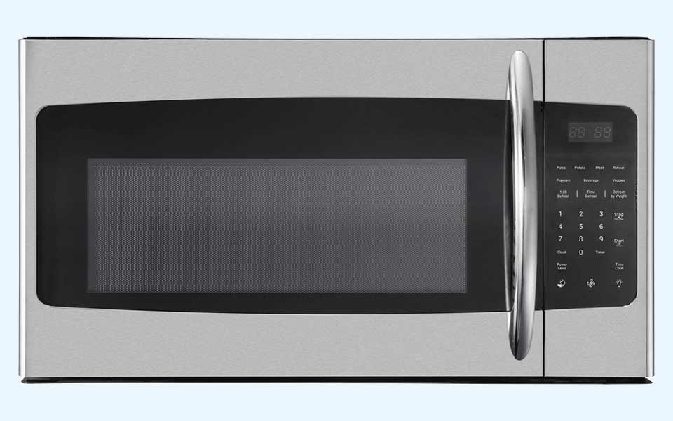 Danby appliances over-the-range microwave with stainless steel finish, bottom venting panel, right-side control panel, and pull handle shown in a clean front view on a plain background