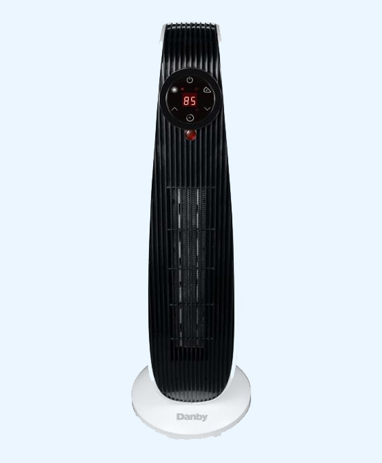 Danby appliances product recall support image showing a tower heater with a digital display and vertical heating element in a clean front view on a light background