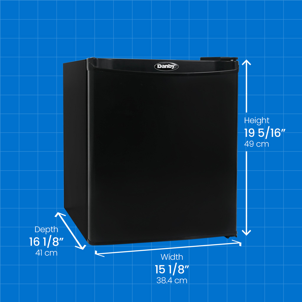 Danby DAR010A1BDB 1.0 cu ft compact fridge with height width and depth measurements displayed