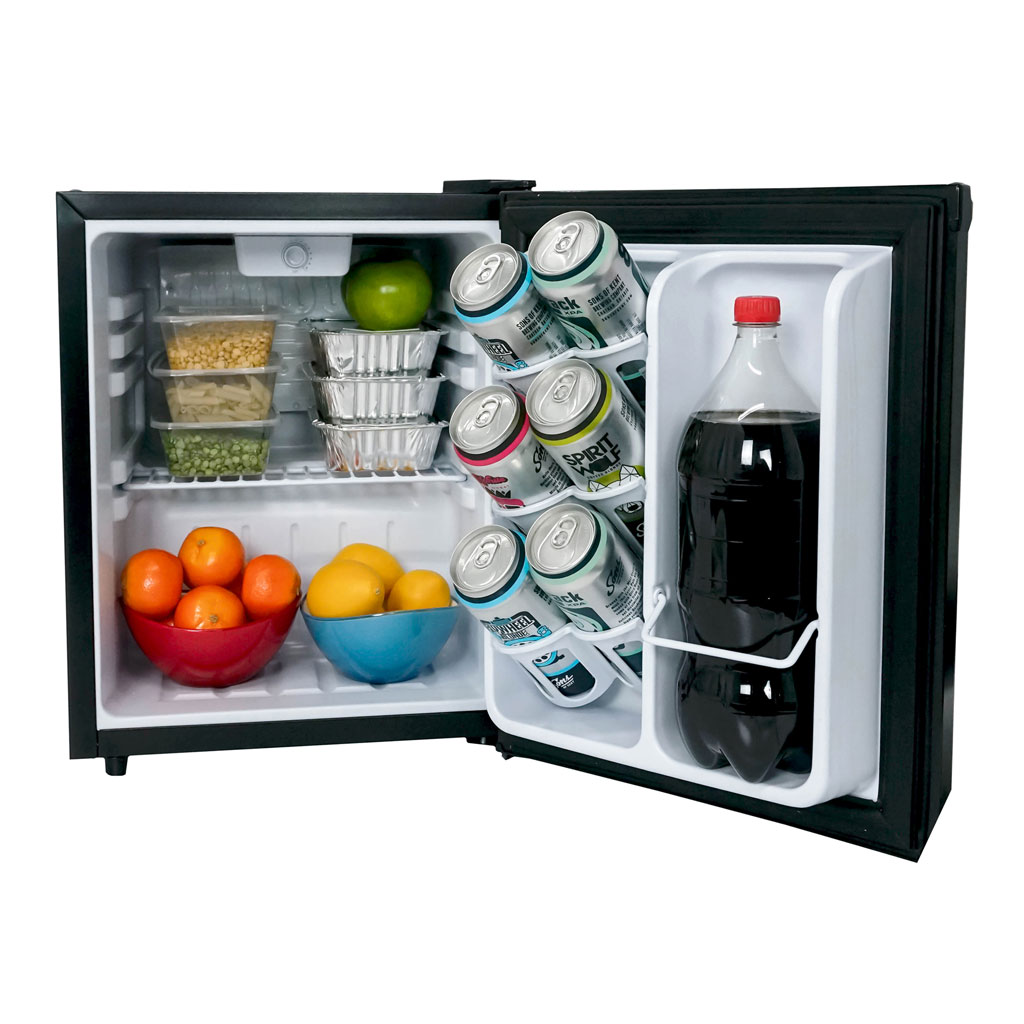 Danby DAR010A1BDB 1.0 cu ft compact fridge with door open displaying food and beverage storage