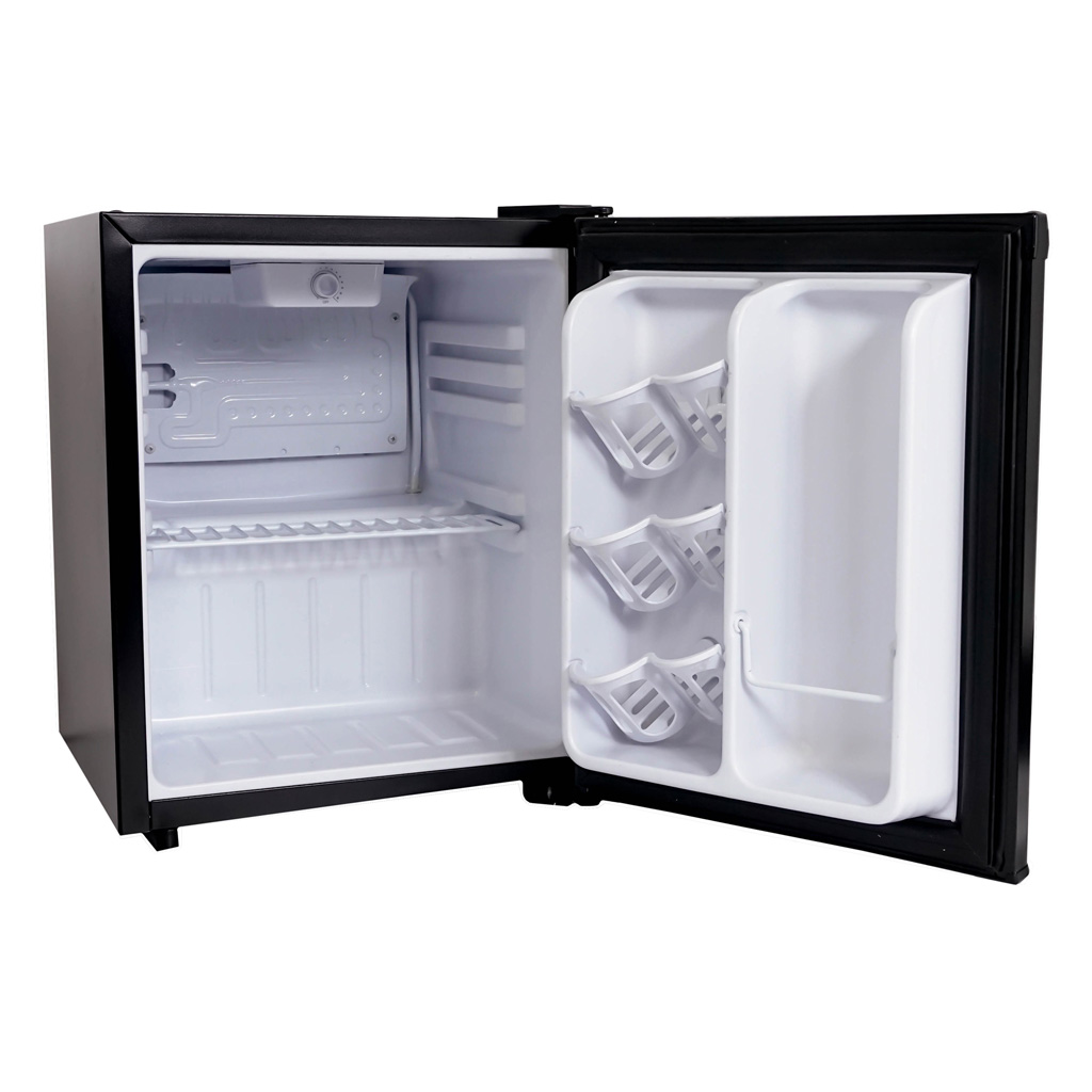 Danby DAR010A1BDB 1.0 cu ft compact fridge with door open showing empty interior storage compartment