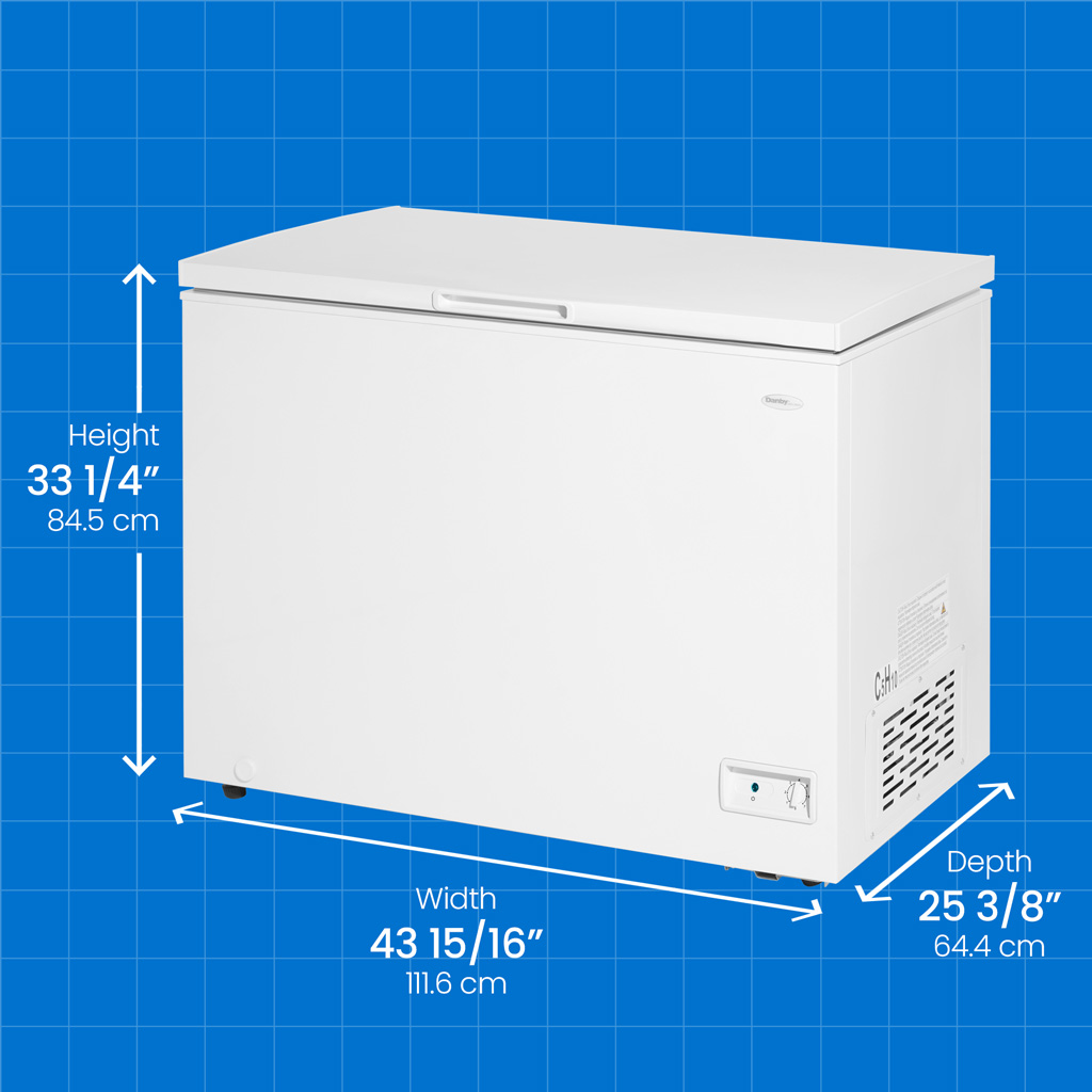 Danby 10.0 cu. ft. Square Model Chest Freezer in White 9 Danby DCF100A6WM 10.0 cu ft chest freezer with height width and depth measurements displayed