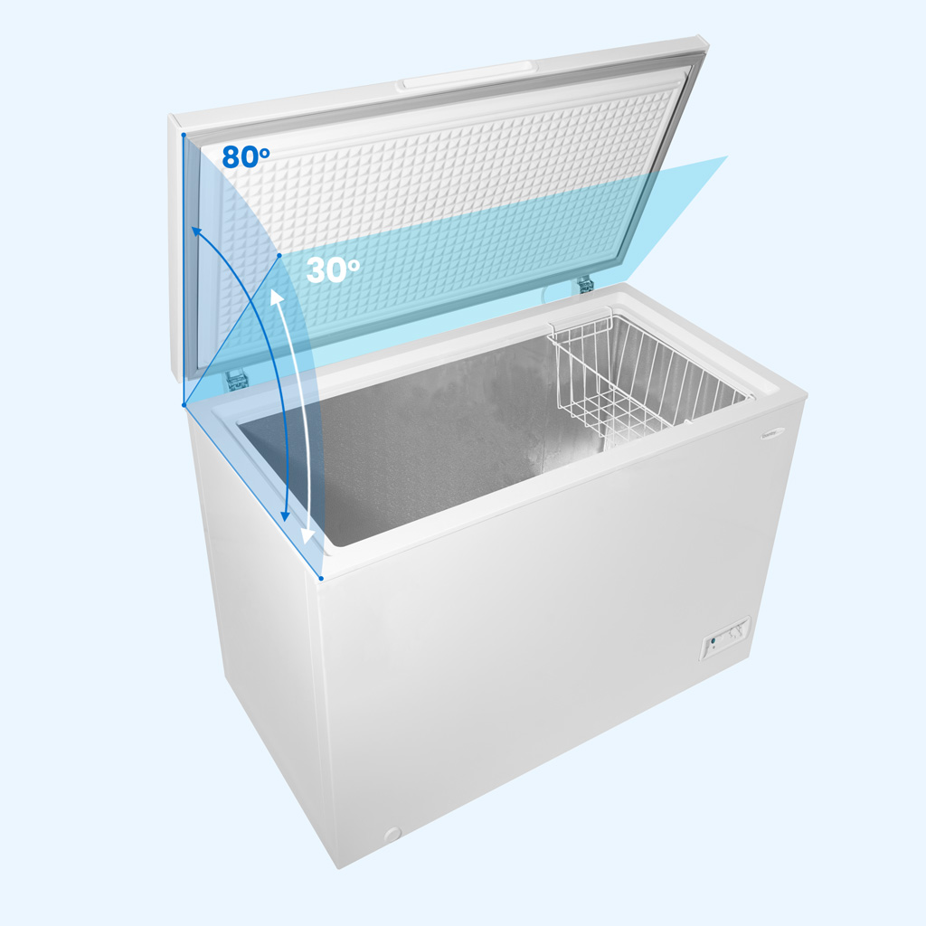 Danby 10.0 cu. ft. Square Model Chest Freezer in White 6 Danby DCF100A6WM 10.0 cu ft chest freezer feature image showing lid hinge in open position