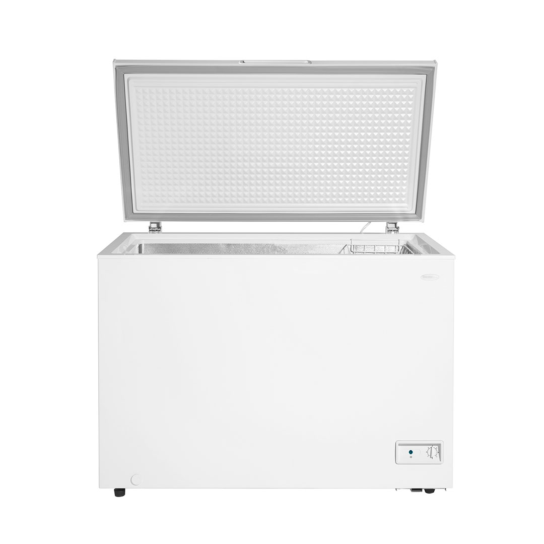 Danby 10.0 cu. ft. Square Model Chest Freezer in White 10 Danby DCF100A6WM 10.0 cu ft chest freezer front open view showing interior storage space and basket