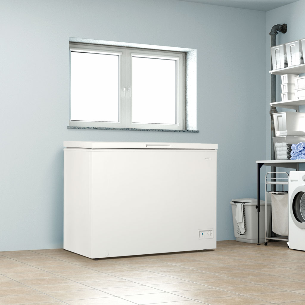 Danby 10.0 cu. ft. Square Model Chest Freezer in White 7 Danby DCF100A6WM 10.0 cu ft chest freezer in home setting placed against wall with minimal decor