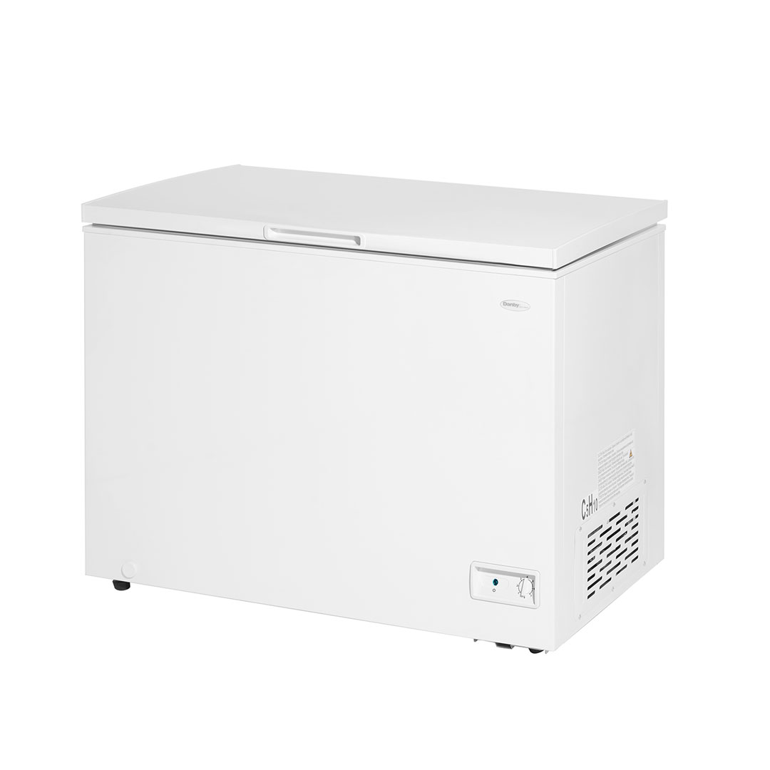 Danby 10.0 cu. ft. Square Model Chest Freezer in White 3 Danby DCF100A6WM 10.0 cu ft chest freezer left side view showing compact square design