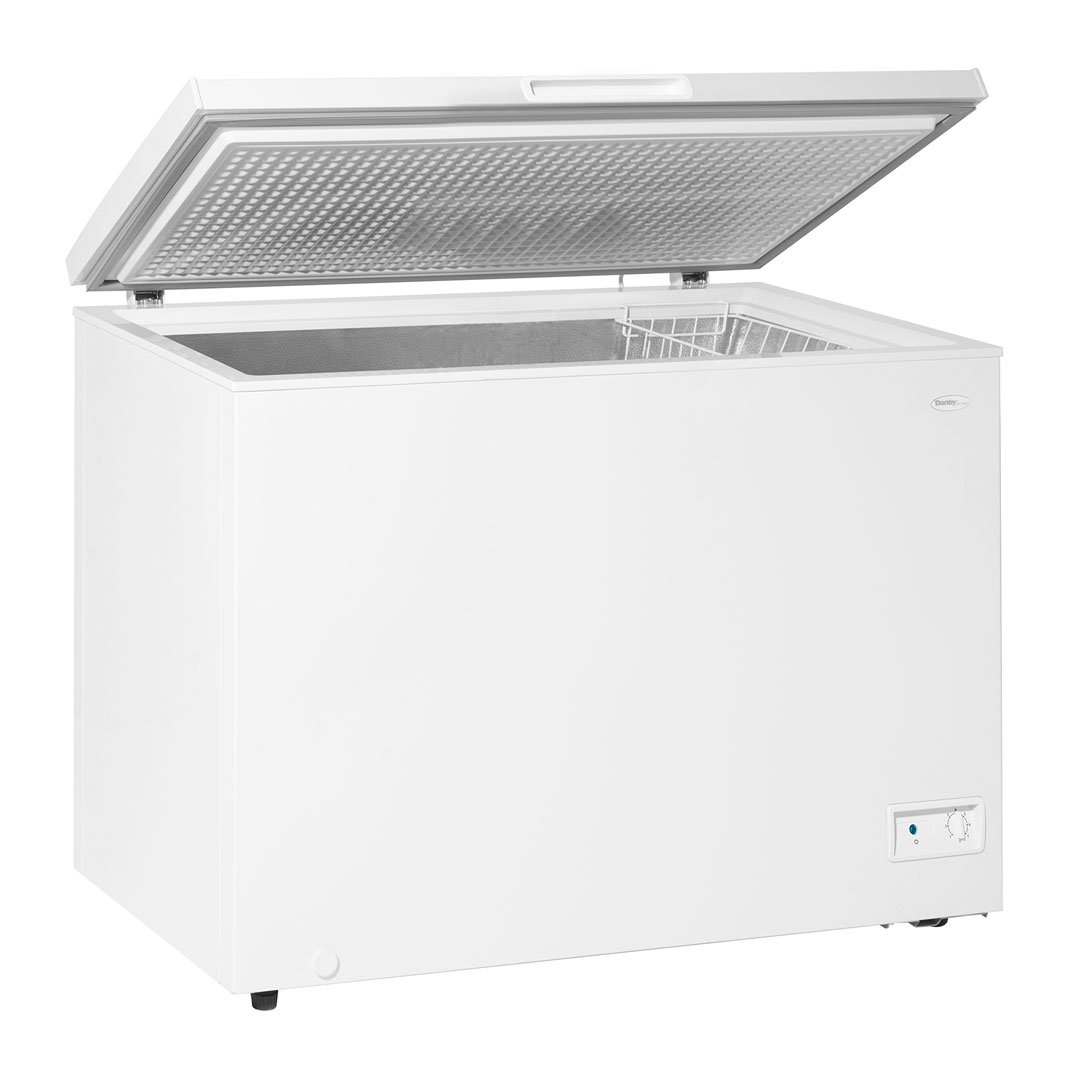 Danby 10.0 cu. ft. Square Model Chest Freezer in White 11 Danby DCF100A6WM 10.0 cu ft chest freezer front open view showing interior storage space and basket