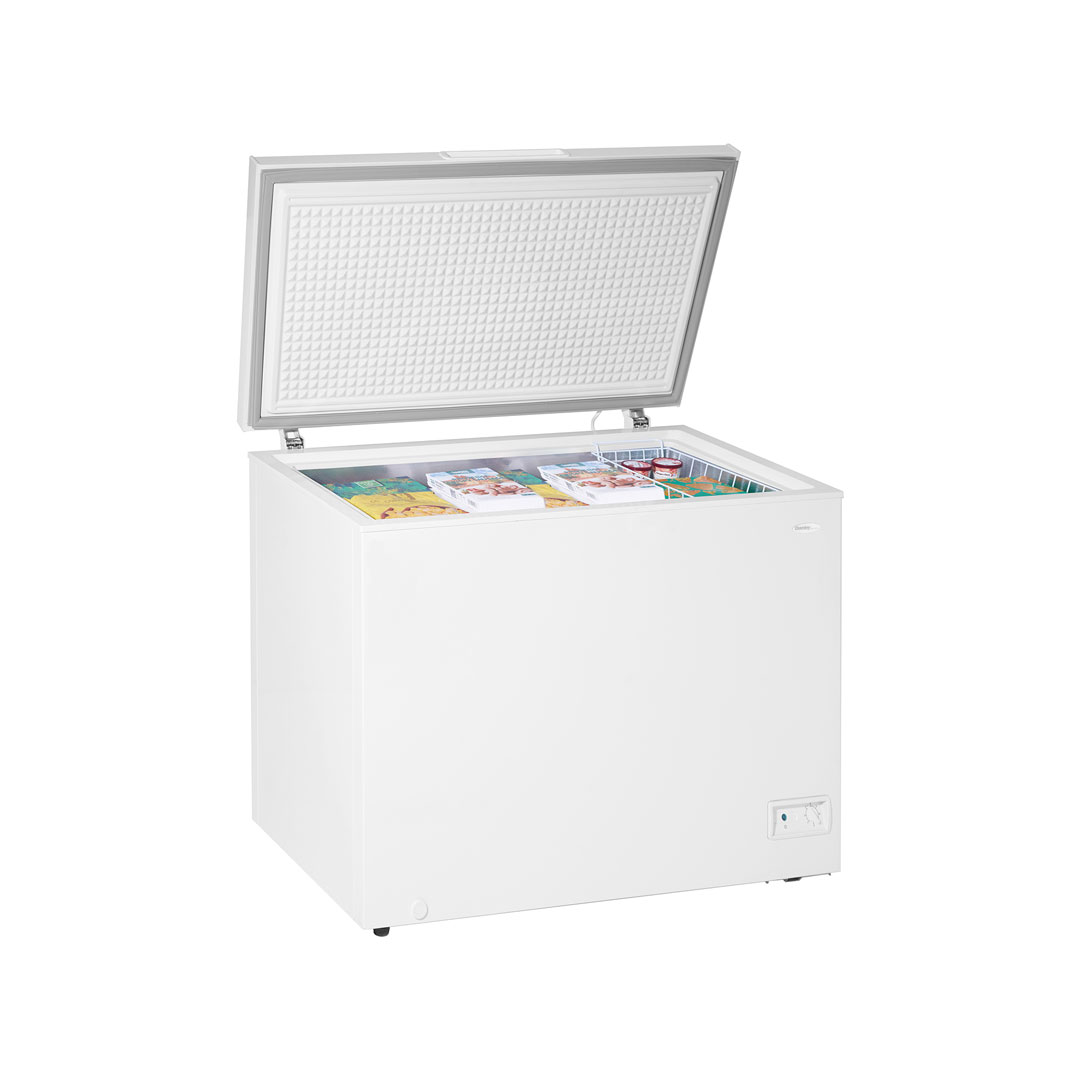 Danby 10.0 cu. ft. Square Model Chest Freezer in White 12 Danby DCF100A6WM 10.0 cu ft chest freezer right side view with lid open and interior cavity visible