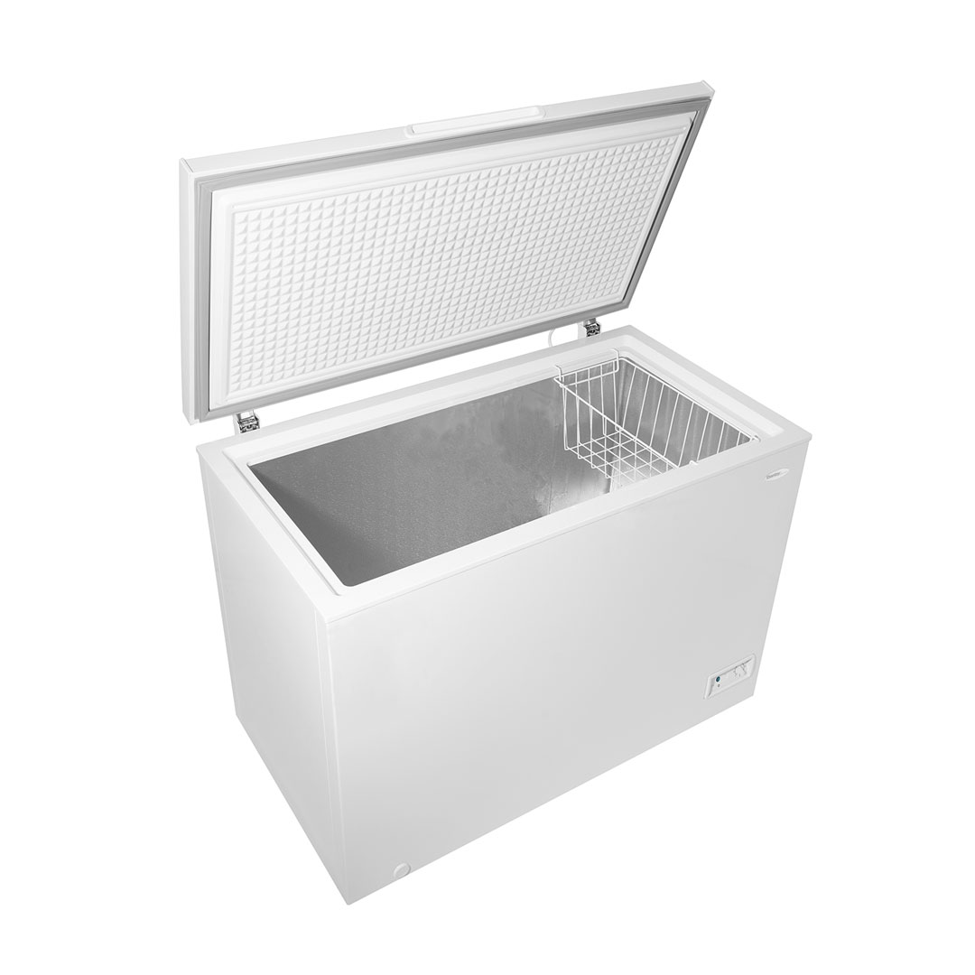 Danby 10.0 cu. ft. Square Model Chest Freezer in White 13 Danby DCF100A6WM 10.0 cu ft chest freezer right side view with lid open and interior cavity visible