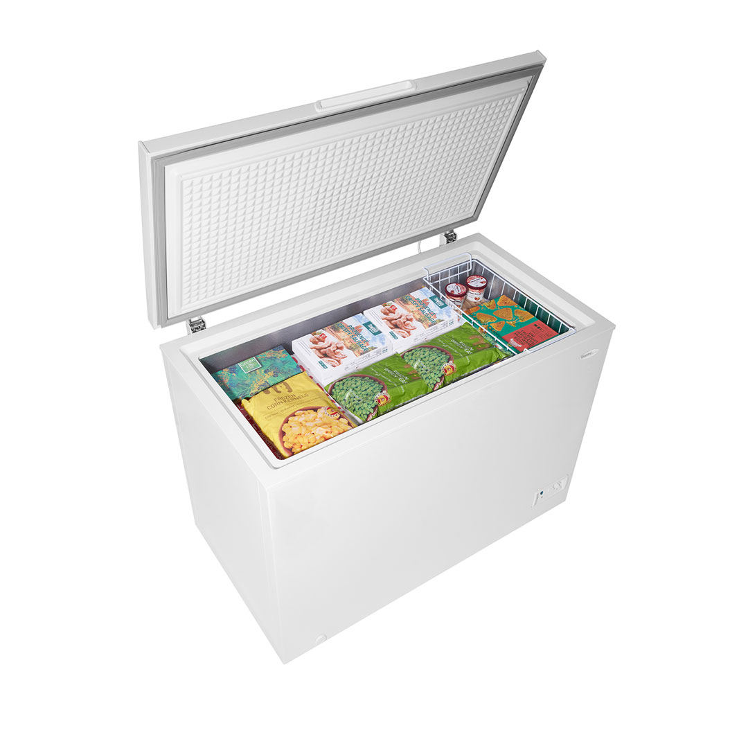 Danby 10.0 cu. ft. Square Model Chest Freezer in White 14 Danby DCF100A6WM 10.0 cu ft chest freezer angled top view with lid open showing interior storage compartment