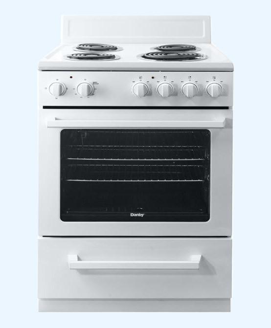 Danby appliances product recall support image showing a freestanding electric range with smooth cooktop and front control knobs on a light background
