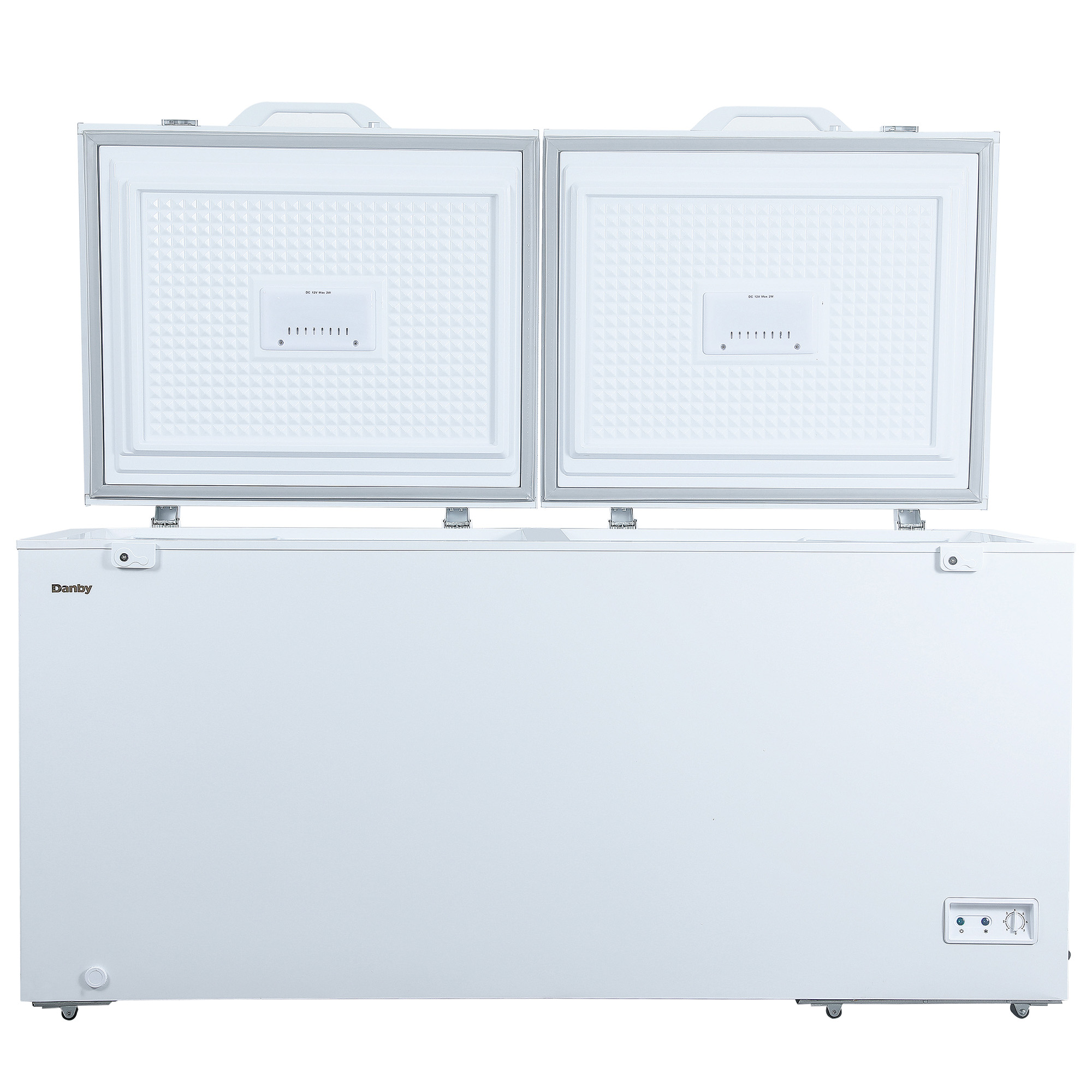 Danby DCFM171A1WDB 17.1 cu ft chest freezer with both lids open showing interior freezer compartments