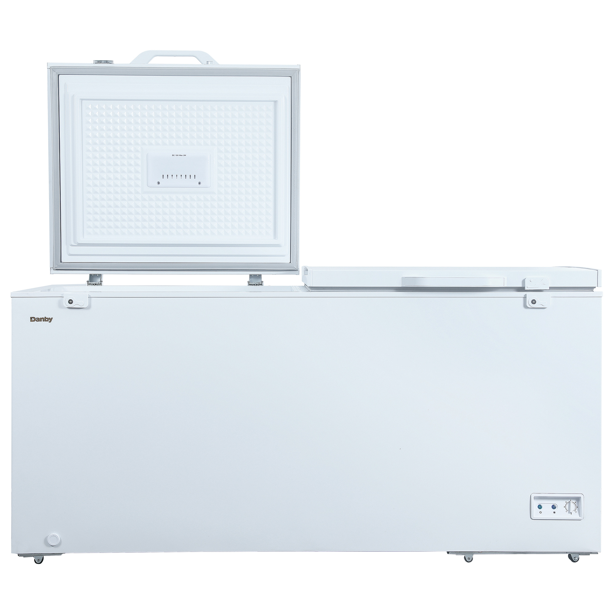 Danby DCFM171A1WDB 17.1 cu ft chest freezer with lid open showing interior storage space
