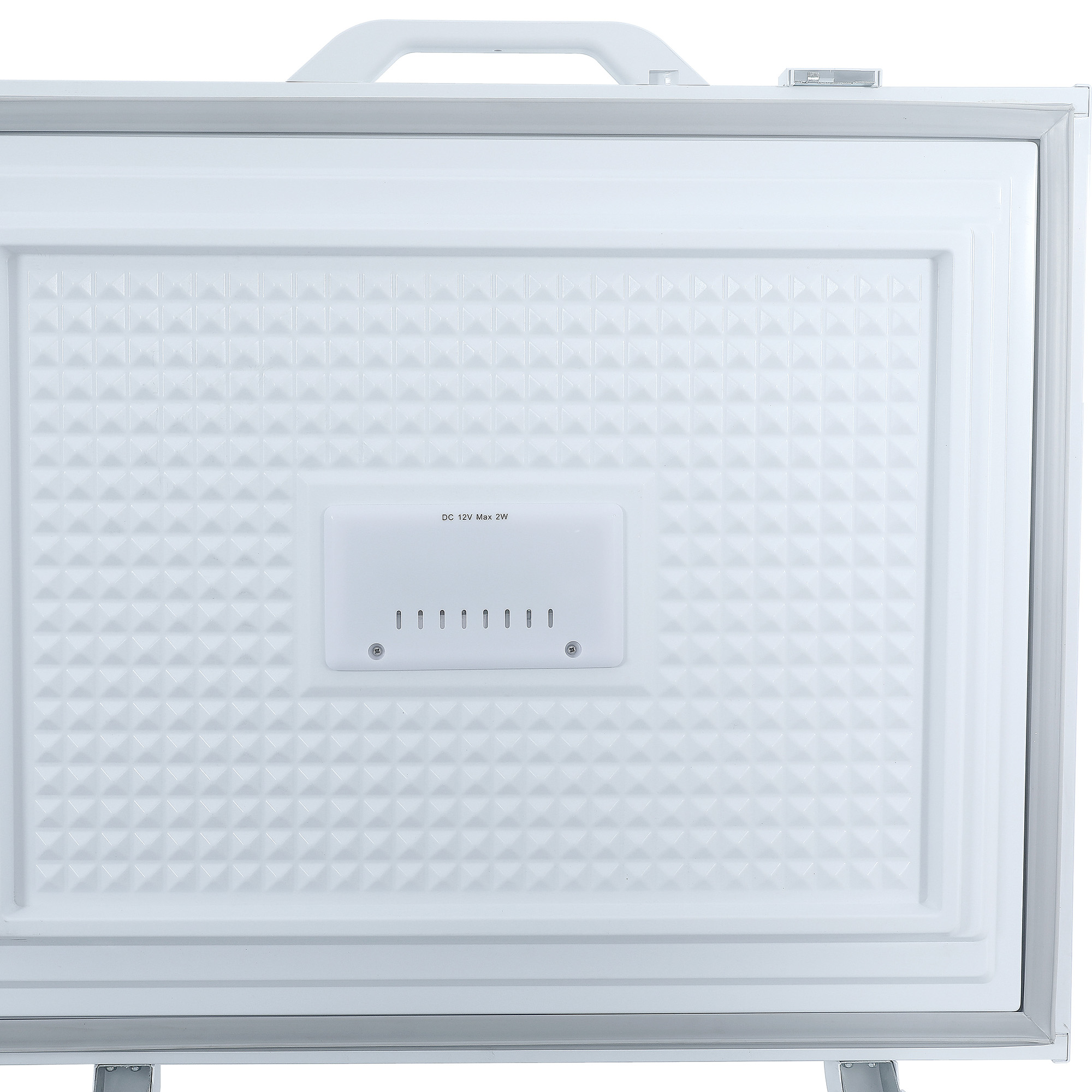 Danby DCFM171A1WDB 17.1 cu ft chest freezer front view with dual lid design and LED light feature