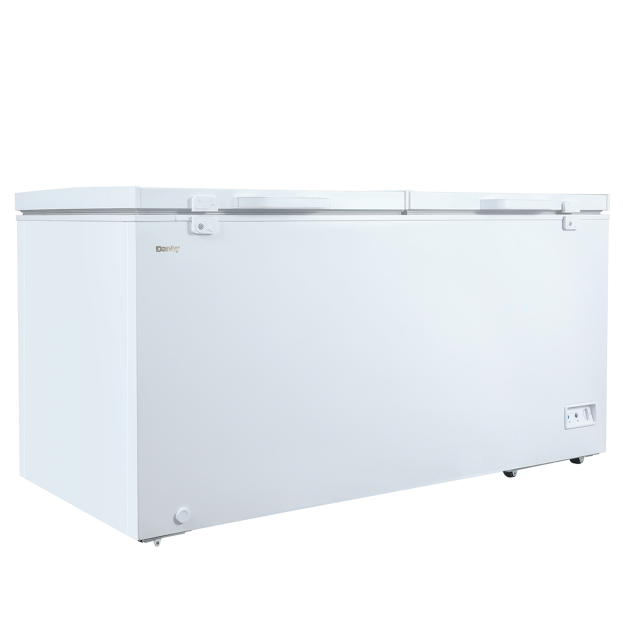 Danby DCFM171A1WDB 17.1 cu ft chest freezer side view with white finish and dual lid design