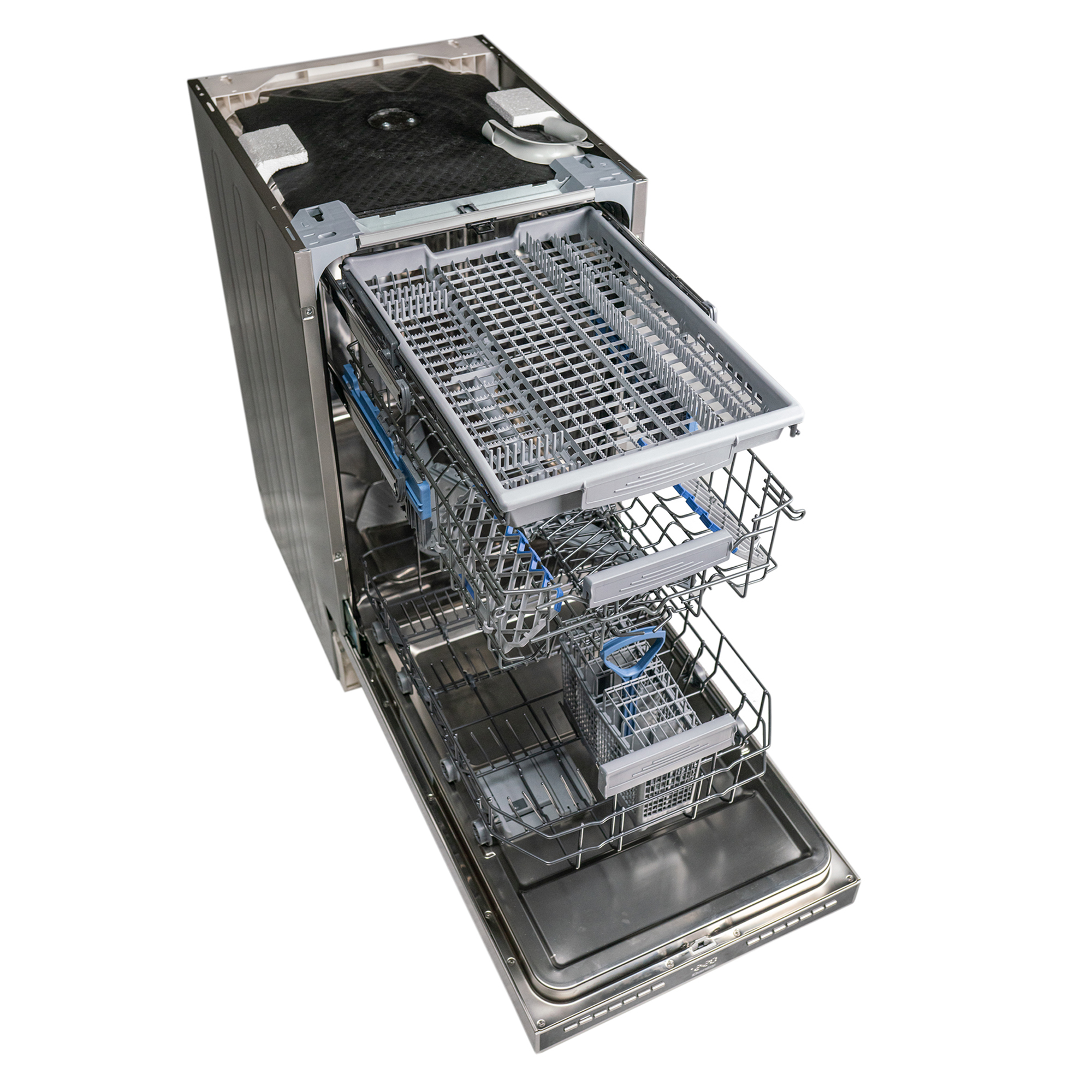 Danby 18" Top Control Dishwasher in Stainless Steel 6 Danby appliances 18 inch top control dishwasher stainless steel DDW18D1ESS open with upper and lower racks extended showing interior layout and stainless steel tub