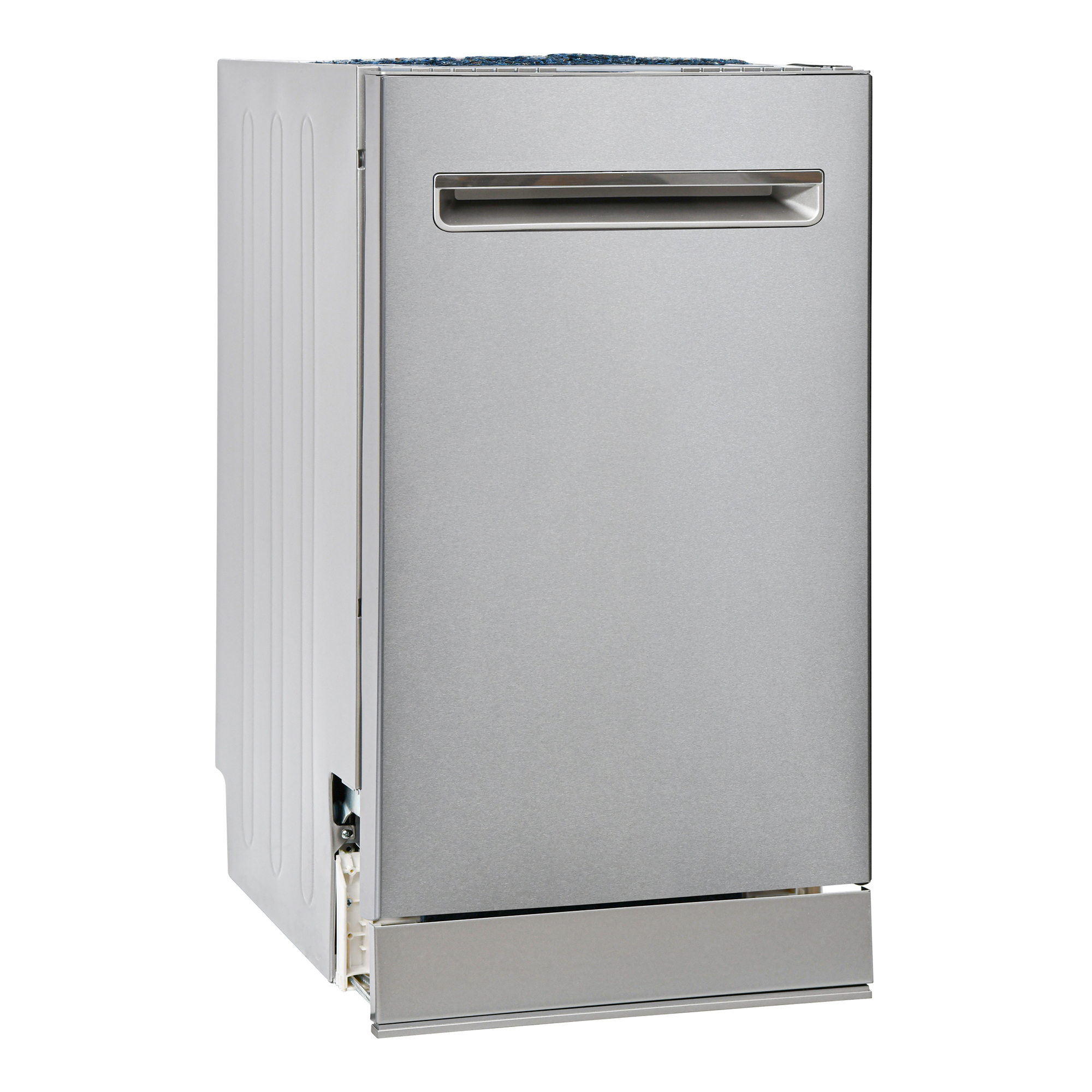 Danby 18" Top Control Dishwasher in Stainless Steel 2 Danby appliances 18 inch top control dishwasher stainless steel DDW18D1ESS angled side view showing integrated handle, smooth stainless steel panel, and partial cabinet structure on a plain background