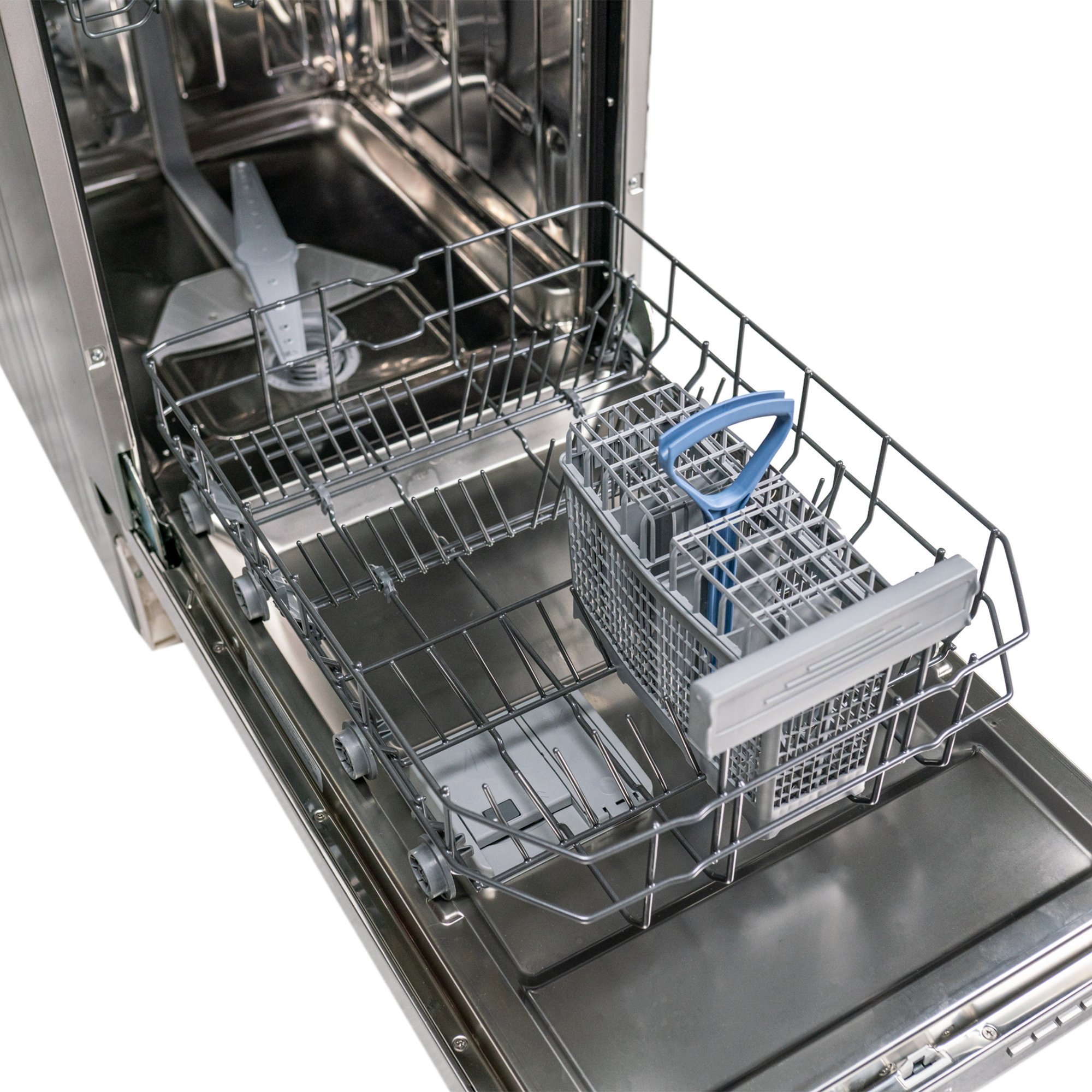 Danby 18" Top Control Dishwasher in Stainless Steel 7 Danby appliances 18 inch top control dishwasher stainless steel DDW18D1ESS upper rack with blue handle and dish placement shown in a close-up view