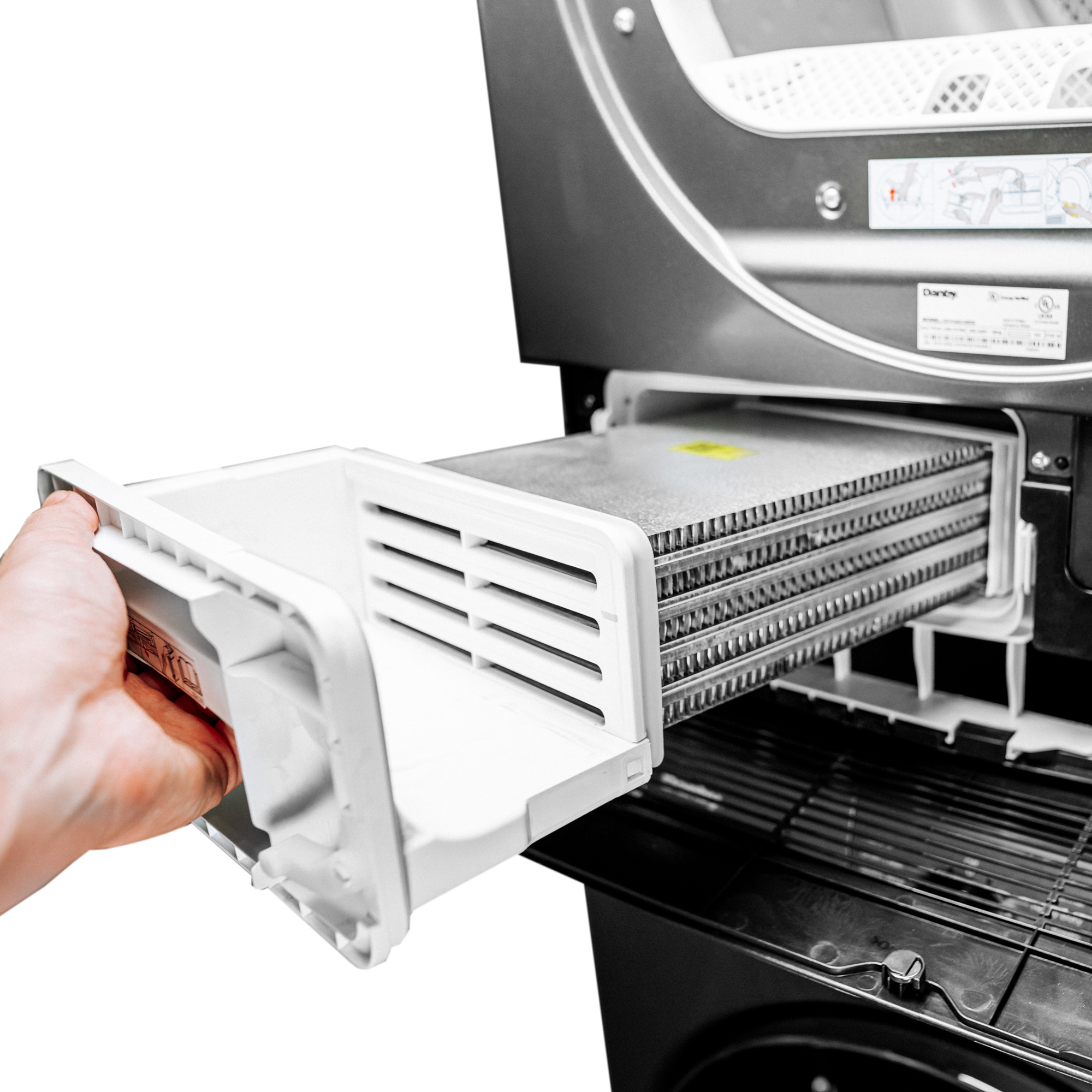 Danby DDY040D1DSDB 24 inch compact condensing dryer lint filter being removed for cleaning