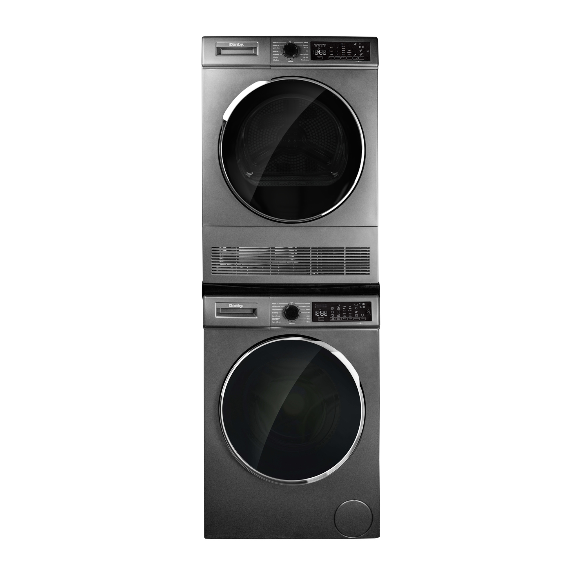 Danby DDY040D1DSDB 24 inch compact condensing dryer stacked with washer showcasing compact laundry setup