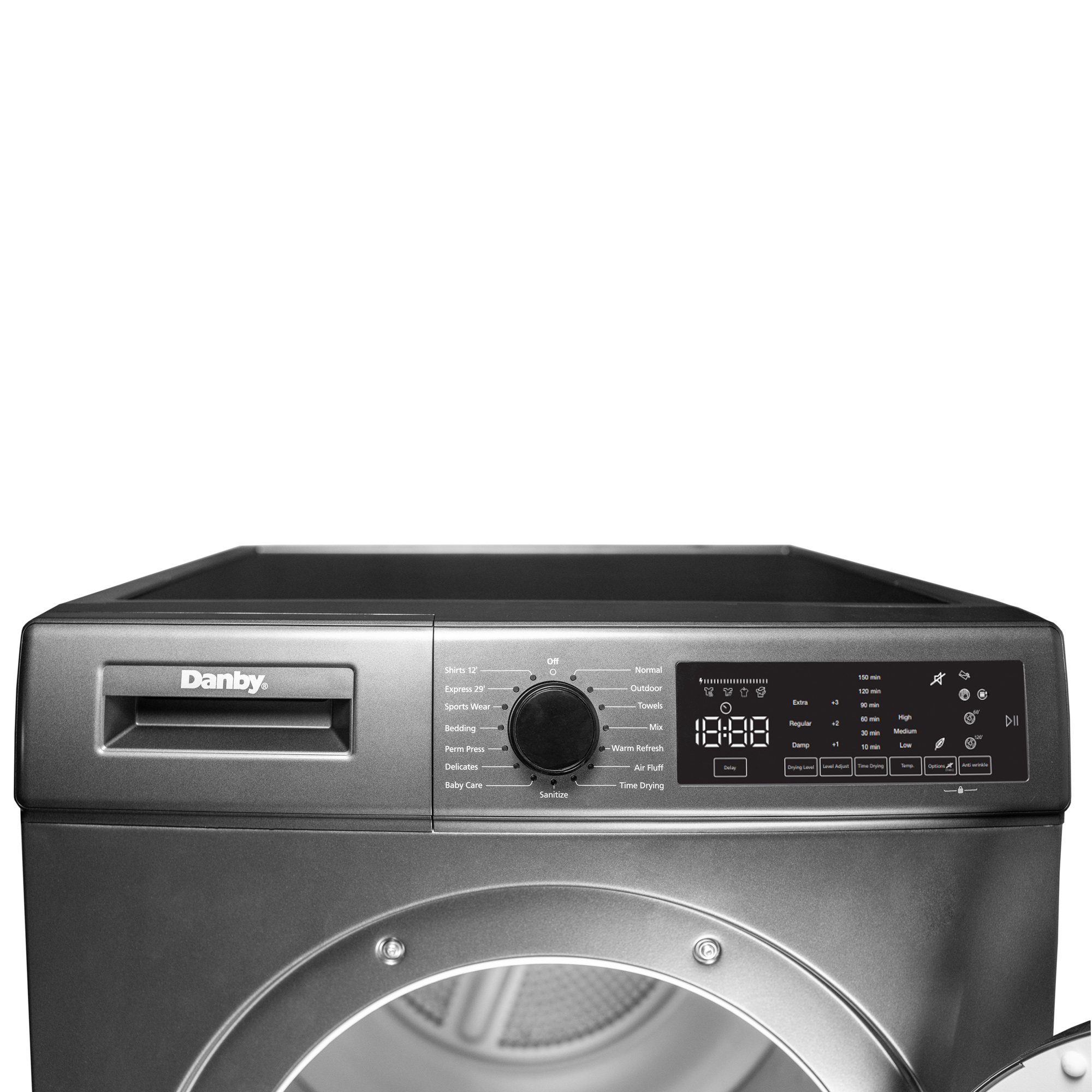 Danby DDY040D1DSDB 24 inch compact condensing dryer top control panel close-up with dial and display