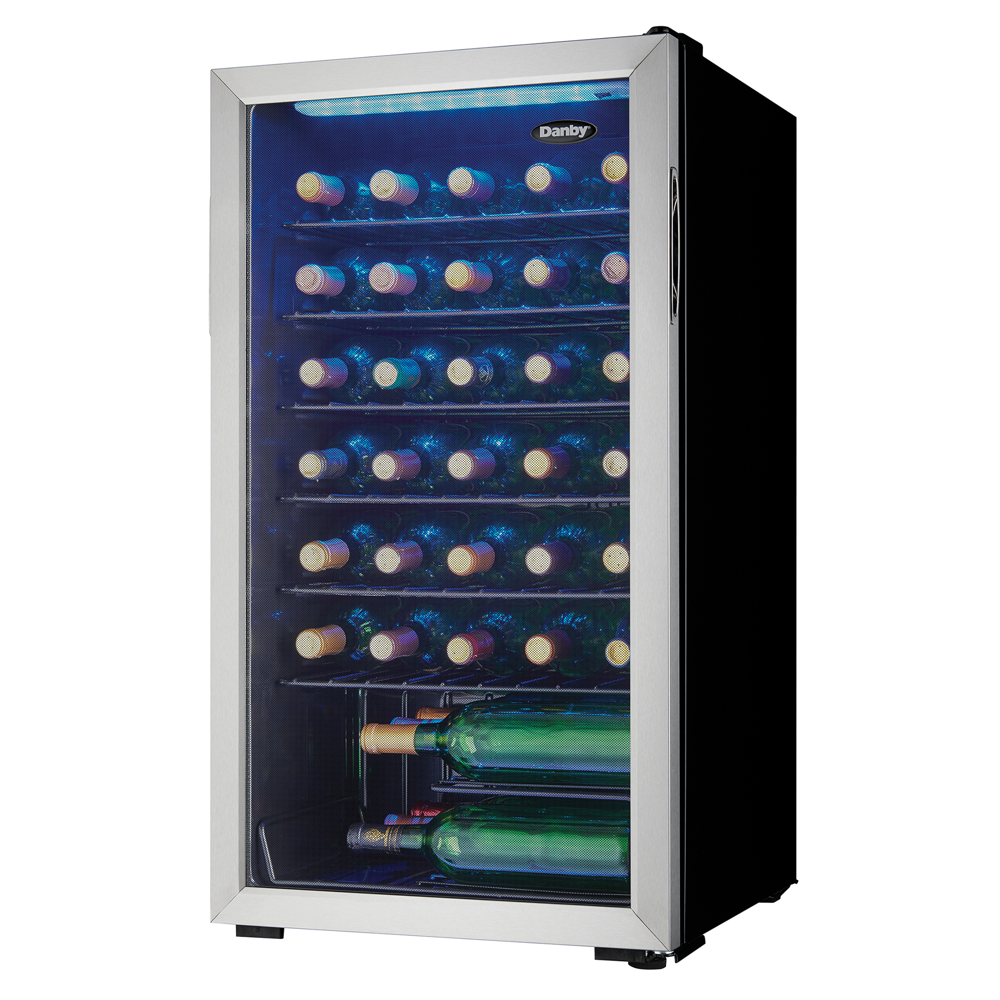 Danby 36 Bottle Free-Standing Wine Cooler in Stainless Steel 3 Danby appliances 36 bottle wine cooler stainless DWC036A1BSSDB-6 angled view showing interior metal shelves and wine bottles stored horizontally