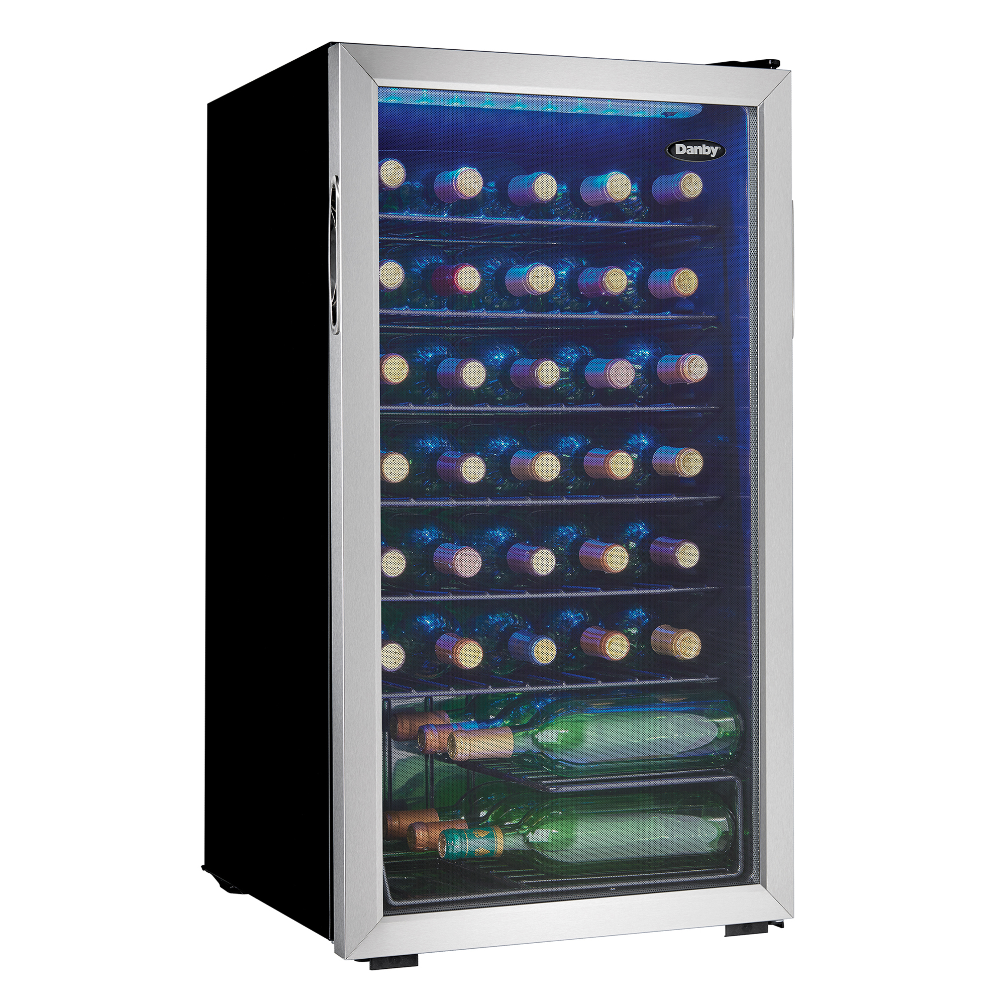 Danby 36 Bottle Free-Standing Wine Cooler in Stainless Steel 2 Danby appliances 36 bottle wine cooler stainless DWC036A1BSSDB-6 angled view showing glass door, stainless steel frame, and interior shelves with wine bottles