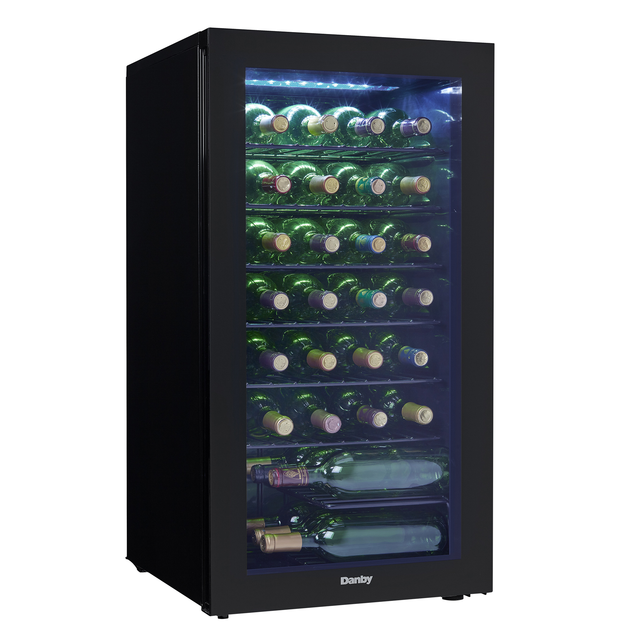 Danby 36 Bottle Free-Standing Wine Cooler in Black 2 Danby appliances 36 bottle wine cooler black DWC036A2BDB-6 angled close-up view showing interior metal shelves and horizontally stored wine bottles inside glass door