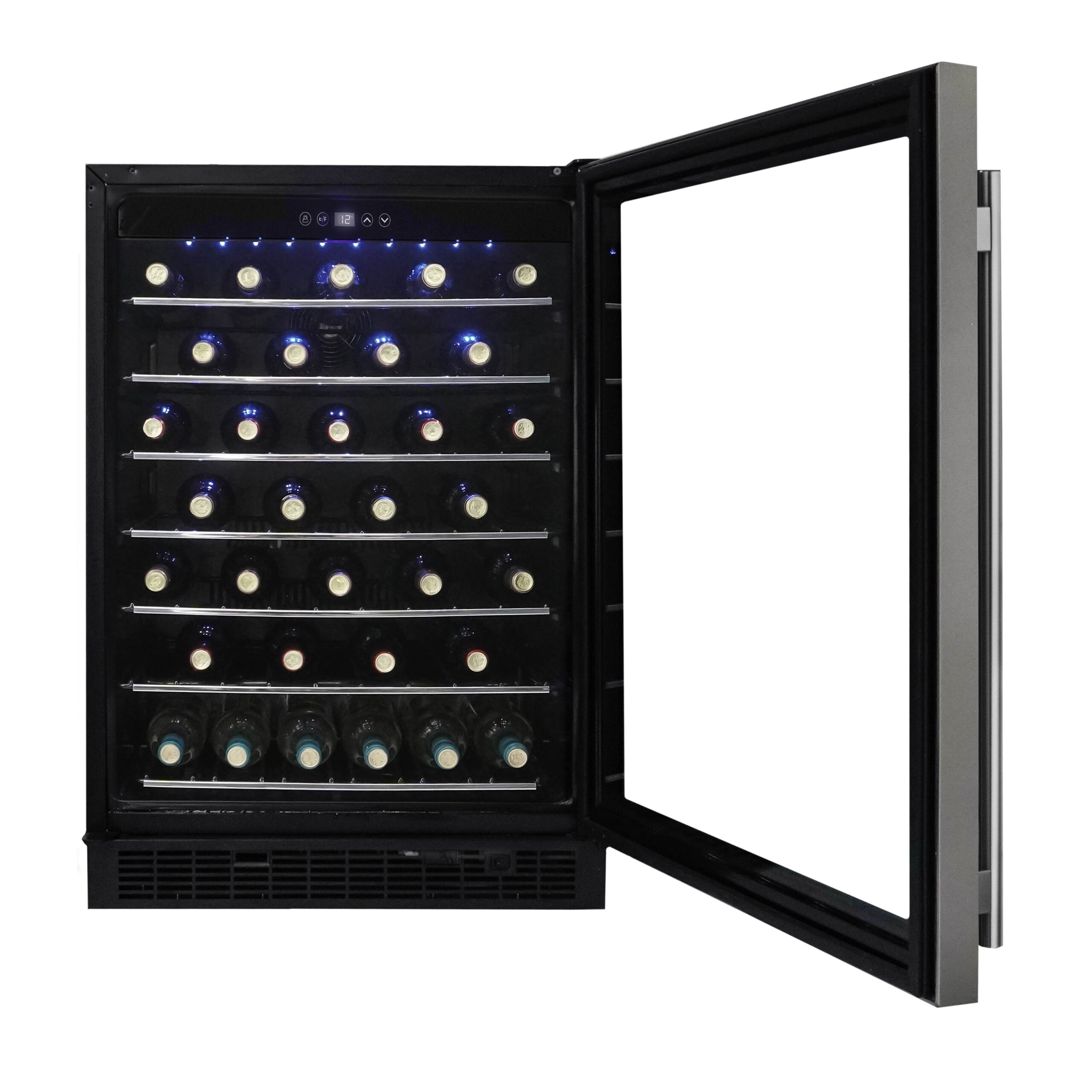 Danby appliances 60 bottle built in wine cooler stainless DWC057A1BSS front view with door open showing interior shelves stocked with wine bottles and blue LED lighting