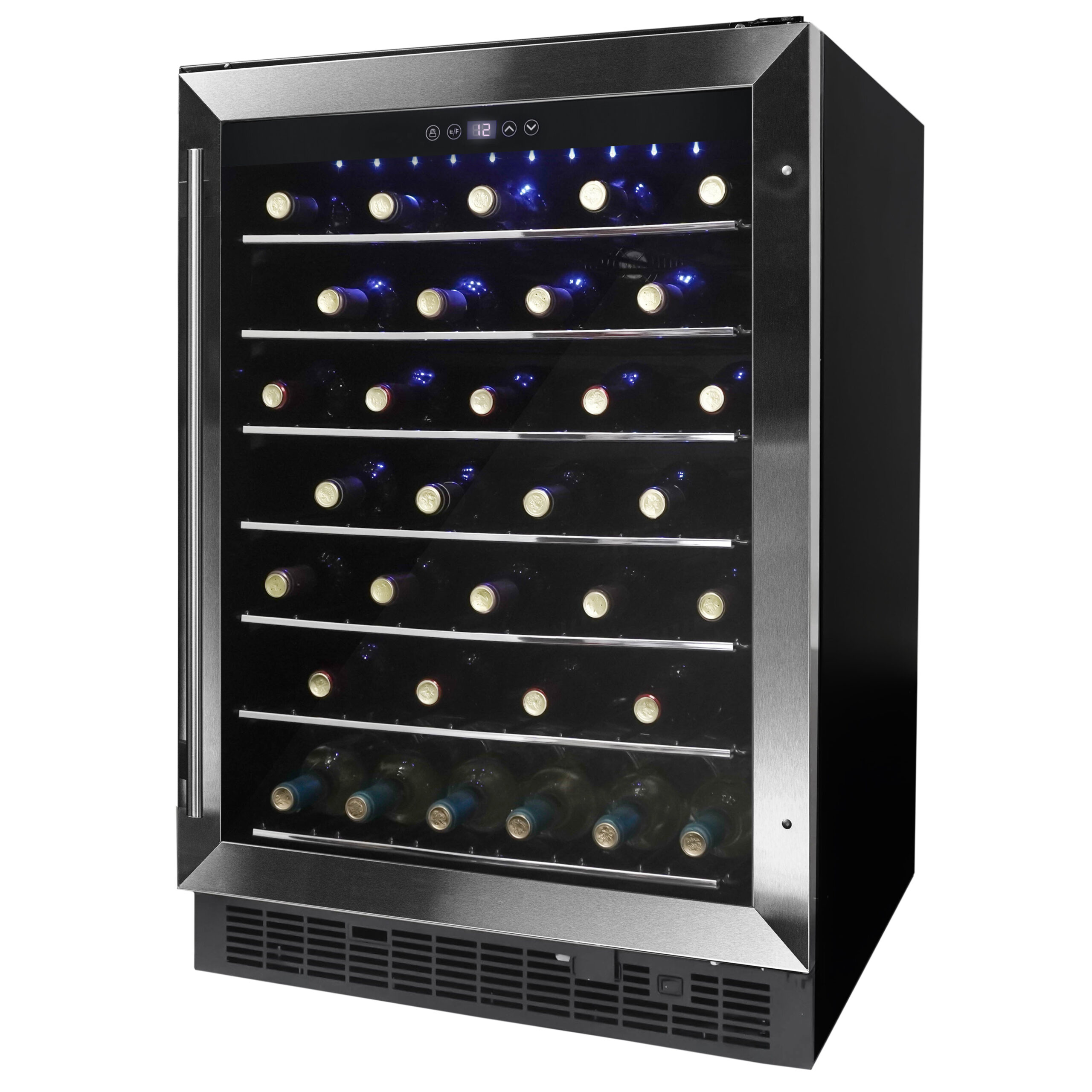 Danby appliances 60 bottle built in wine cooler stainless DWC057A1BSS angled front view showing glass door, stainless steel frame, blue LED lighting, and interior shelves stocked with wine bottles on a plain background