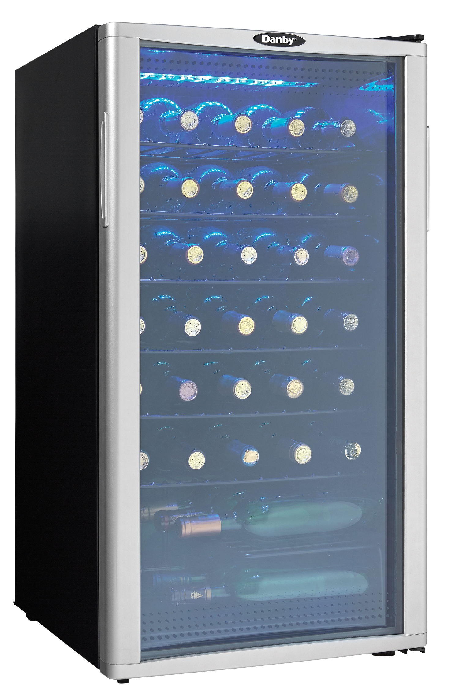 Danby 36 Bottle Free-Standing Wine Cooler in Platinum 2 Danby DWC350BLP Right Propped