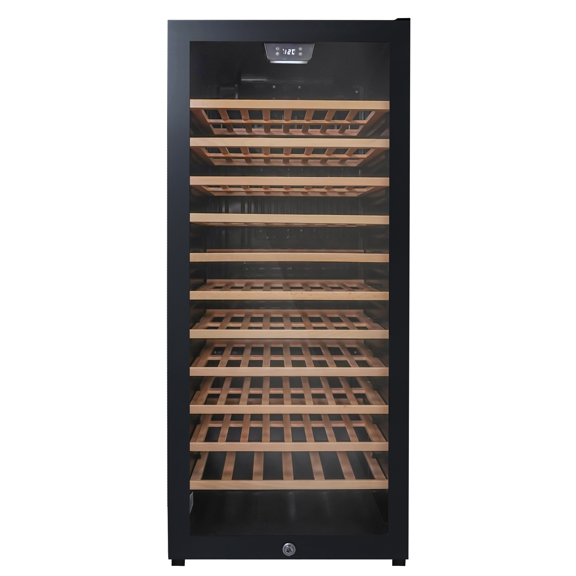 Danby 94 Bottle Free-Standing Wine Cooler in Black 7 Danby appliances 94 bottle wine cooler black DWC094L1B front view with door open showing empty wooden shelves and interior storage layout on a plain background