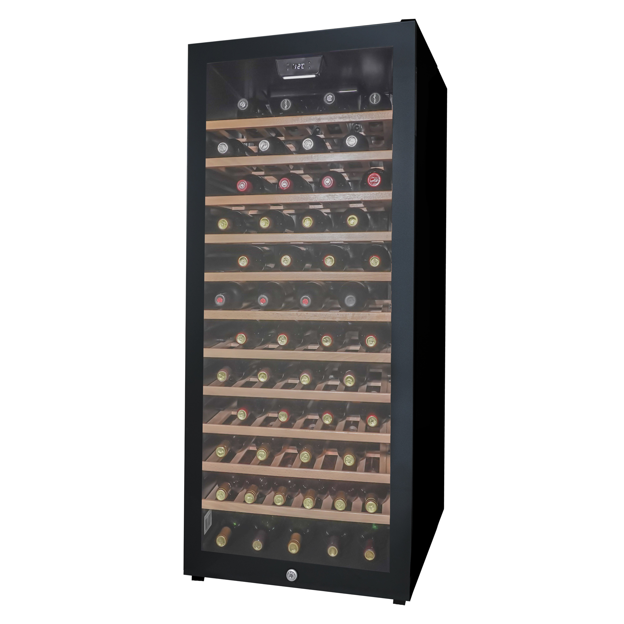 Danby 94 Bottle Free-Standing Wine Cooler in Black 3 Danby appliances 94 bottle wine cooler black DWC094L1B angled front view showing glass door, wooden shelves, digital display, and interior wine bottle storage on a plain background