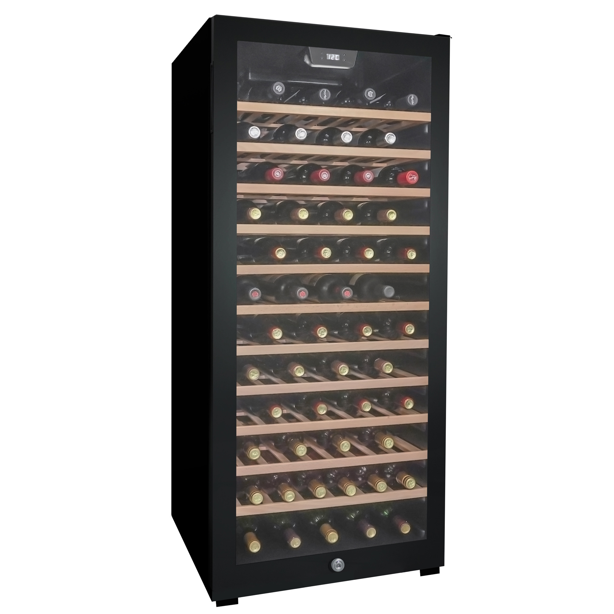 Danby 94 Bottle Free-Standing Wine Cooler in Black 2 Danby appliances 94 bottle wine cooler black DWC094L1B angled front view showing glass door, wooden shelves, digital display, and interior wine bottle storage on a plain background