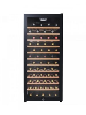 Danby appliances 94 bottle wine cooler black DWC094L1B front view showing glass door, wooden shelves, digital display, and interior storage for wine bottles on a plain background