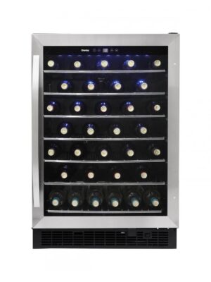 Danby appliances 60 bottle built in wine cooler stainless DWC057A1BSS front view showing glass door, stainless steel frame, blue LED lighting, and interior shelves stocked with wine bottles on a plain background