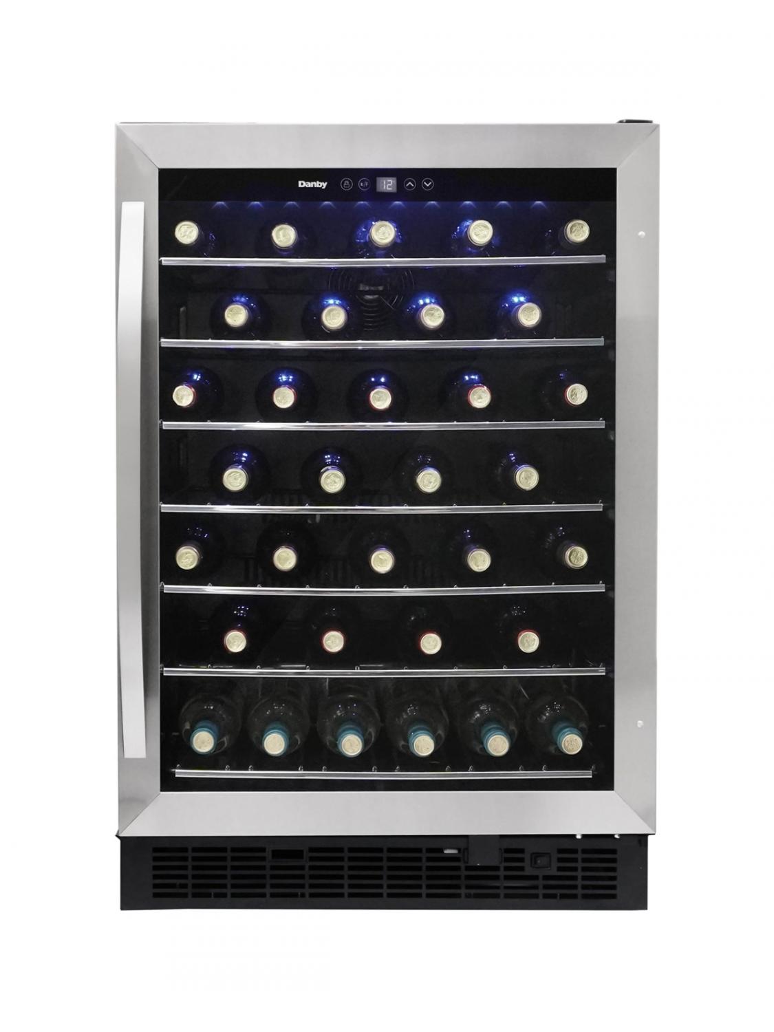 Danby appliances 60 bottle built in wine cooler stainless DWC057A1BSS front view showing glass door, stainless steel frame, blue LED lighting, and interior shelves stocked with wine bottles on a plain background