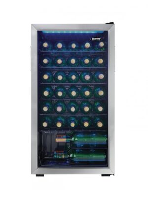 Danby appliances 36 bottle wine cooler stainless DWC036A1BSSDB-6 front view showing glass door, interior metal shelves, and wine bottles stored horizontally inside the cabinet