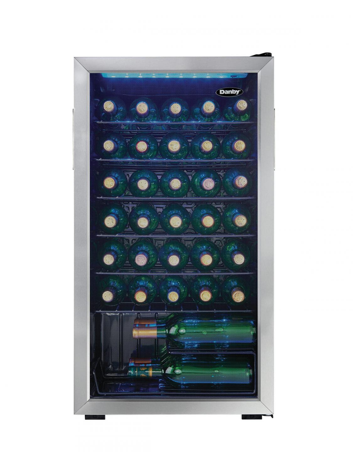 Danby 36 Bottle Free-Standing Wine Cooler in Stainless Steel 1 Danby appliances 36 bottle wine cooler stainless DWC036A1BSSDB-6 front view showing glass door, interior metal shelves, and wine bottles stored horizontally inside the cabinet