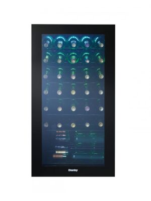 Danby appliances 36 bottle wine cooler black DWC036A2BDB-6 front view showing glass door, interior metal shelves, and wine bottles stacked horizontally inside the cabinet