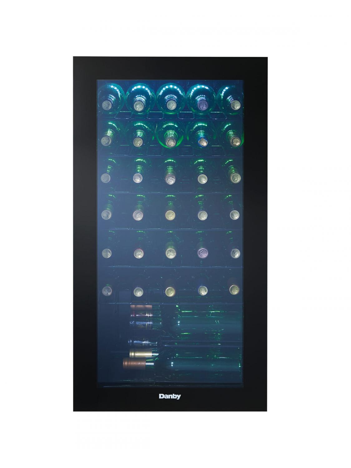 Danby 36 Bottle Free-Standing Wine Cooler in Black 1 Danby appliances 36 bottle wine cooler black DWC036A2BDB-6 front view showing glass door, interior metal shelves, and wine bottles stacked horizontally inside the cabinet